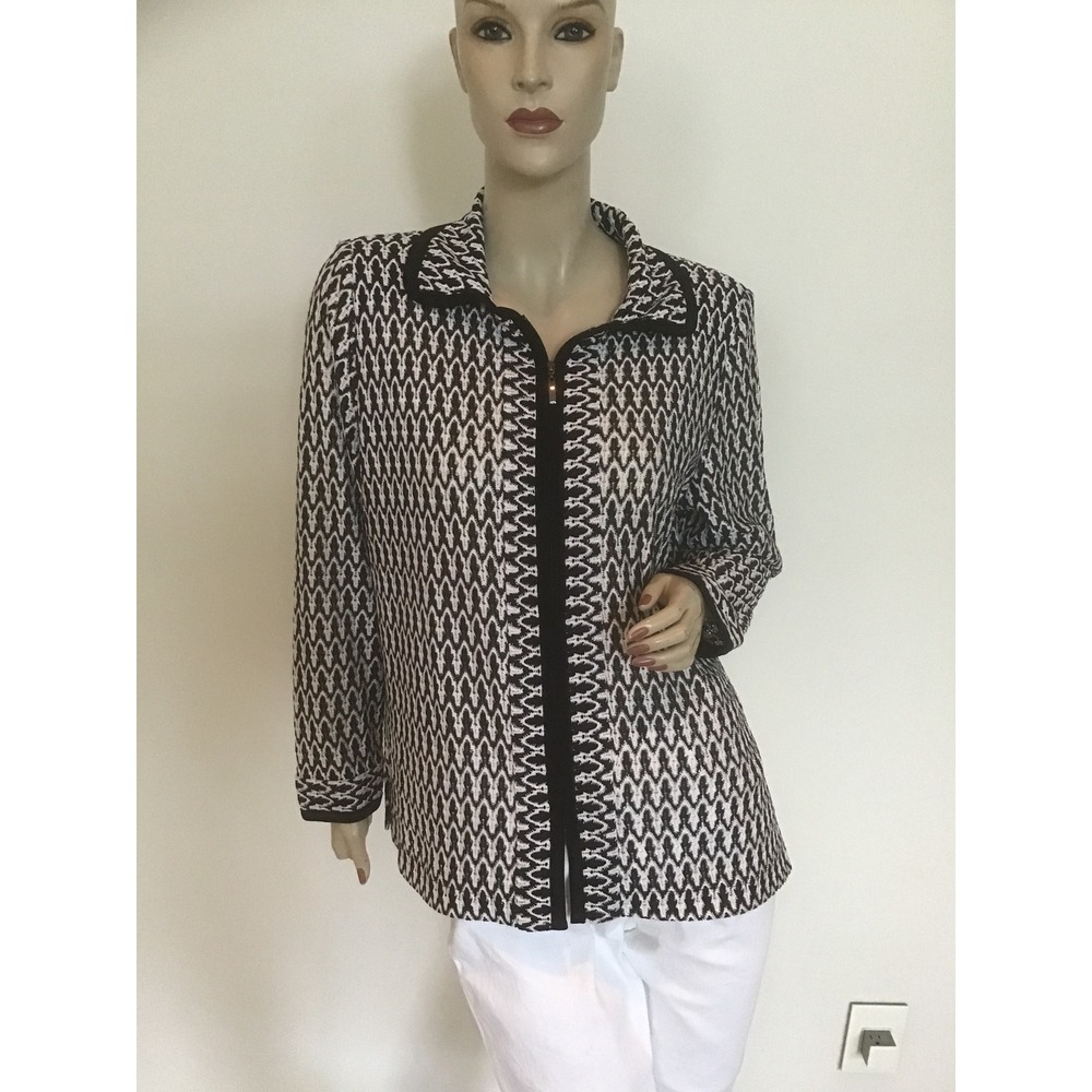 Exclusively Misook Black White Geometric Knit Zip Front Cardigan Jacket M